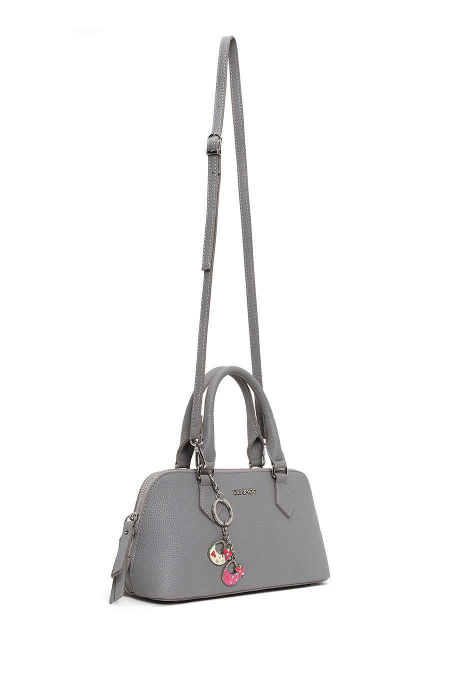 Woman Gray Long-Strap Charmed Shoulder Bag