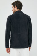 Bonucci Men's Dark Navy Blue Safari Blazer Suede Leather Jacket | Derimod