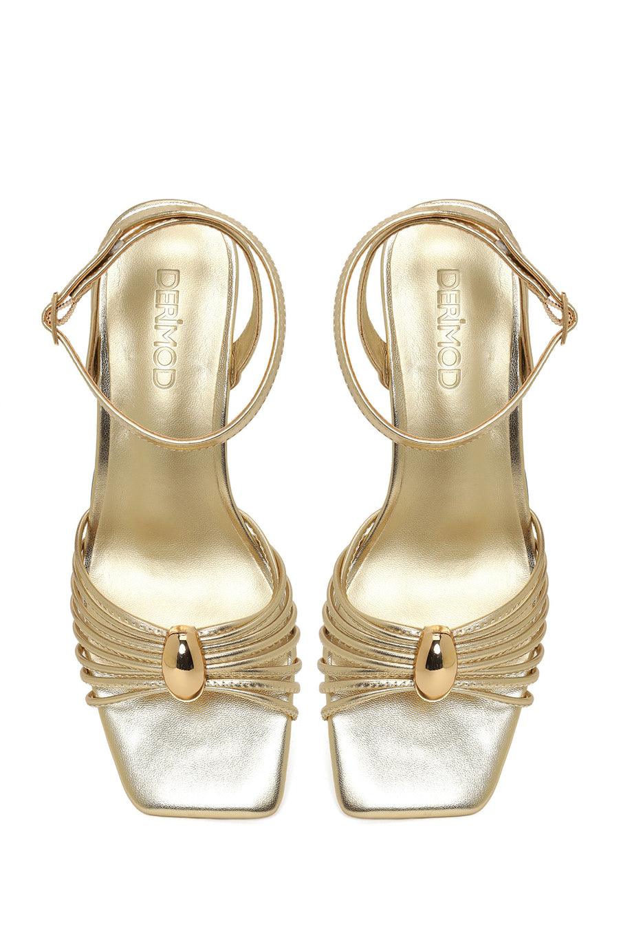 Woman Gold Ankle-Buckle Metallic Chunky-Heel Sandal