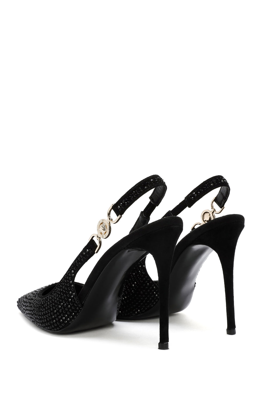 Women's Black Stoned Slingback Heeled Leather Shoes