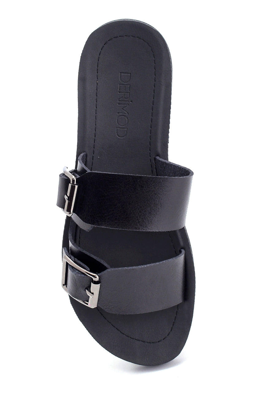 Women's Black Double Buckle Open Back Flat Slippers