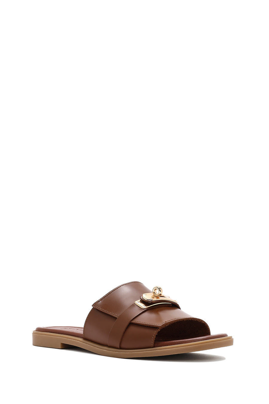 Women's Brown Buckled Leather Slippers