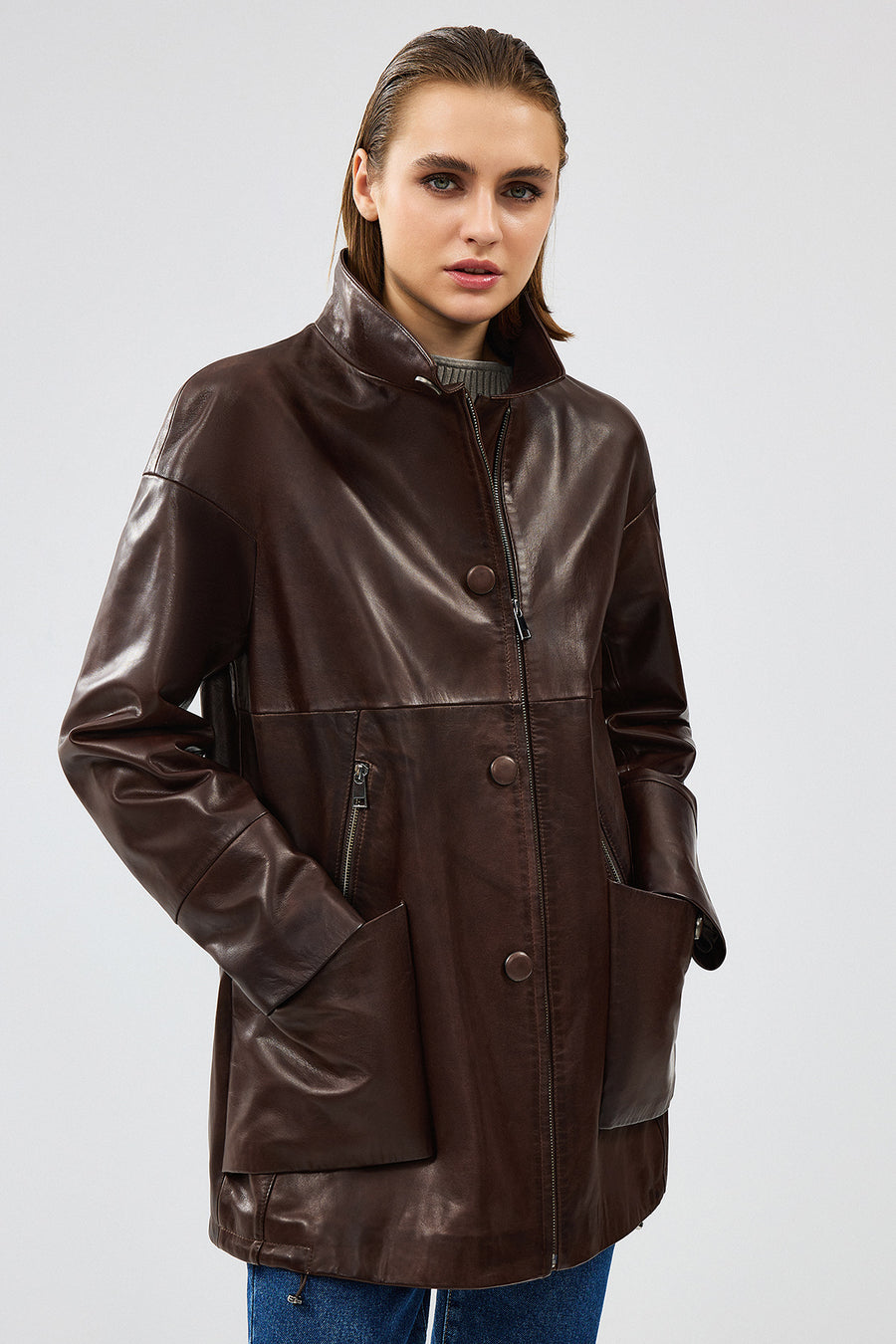 Dalida Women's Brown Oversize Leather Jacket