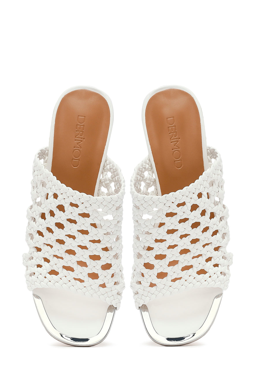 Women's White Knitted Short Thick Heeled Slippers