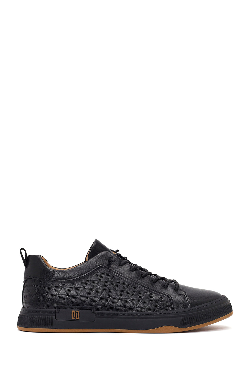 Erkek Siyah Bağcıklı Baskılı Deri Sneaker