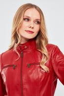 Maria Women's Red Short Leather Jacket | Derimod