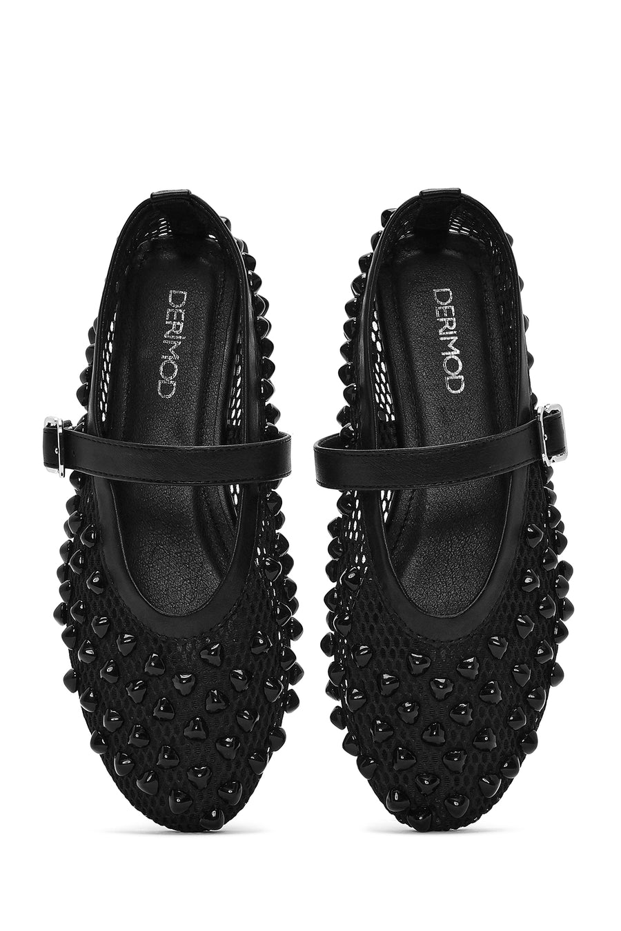 Women's Black Buckled Stoned Fishnet Ballerinas