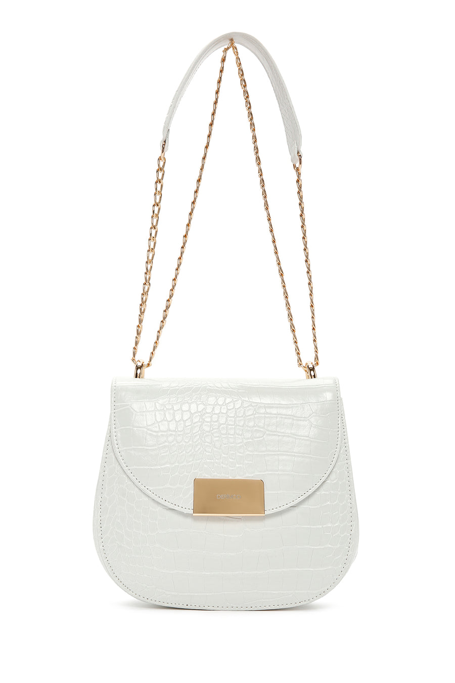 Women's White Long Chain Strap Crocodile Patterned Shoulder Bag