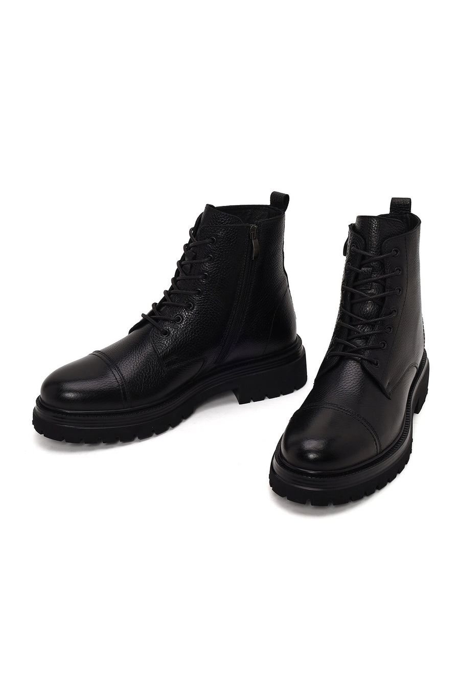 Male Black Lace-up Zip Closure Leather Casual Boots