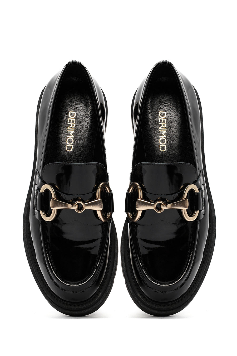 Women's Black Buckle Detailed Patent Leather Masculine Loafer