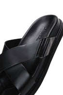 Men's Black Leather Casual Flat Slippers | Derimod