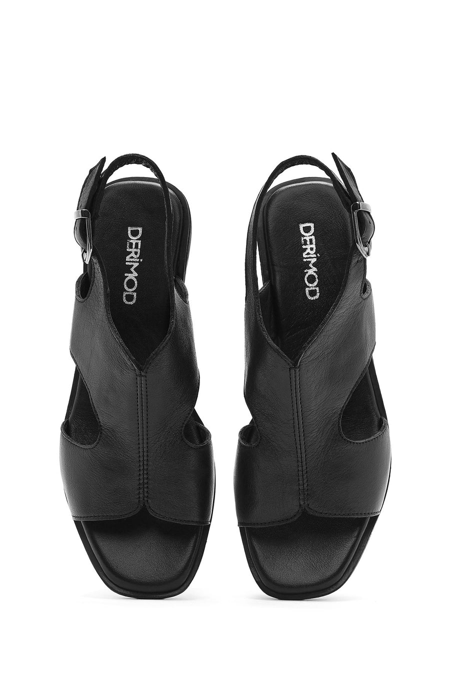 Women's Black Wedge Heeled Leather Sandals