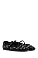 Women's Black Buckled Stoned Leather Ballerinas | Derimod