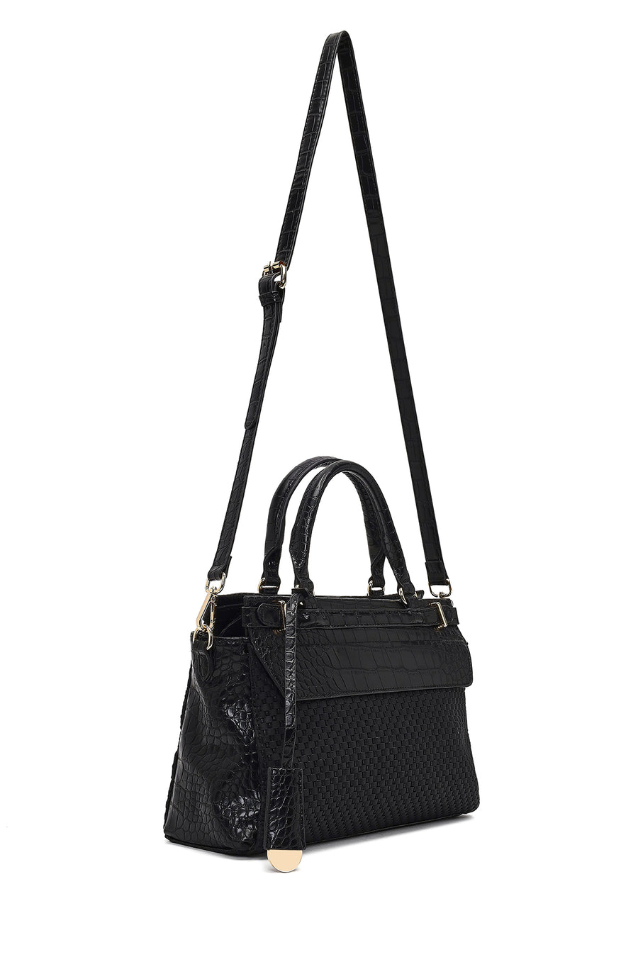 Women's Black Long Strapped Patterned Shoulder Bag