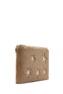 Women's Beige Long Chain Strap Star Pattern Plush Clutch Bag | Derimod