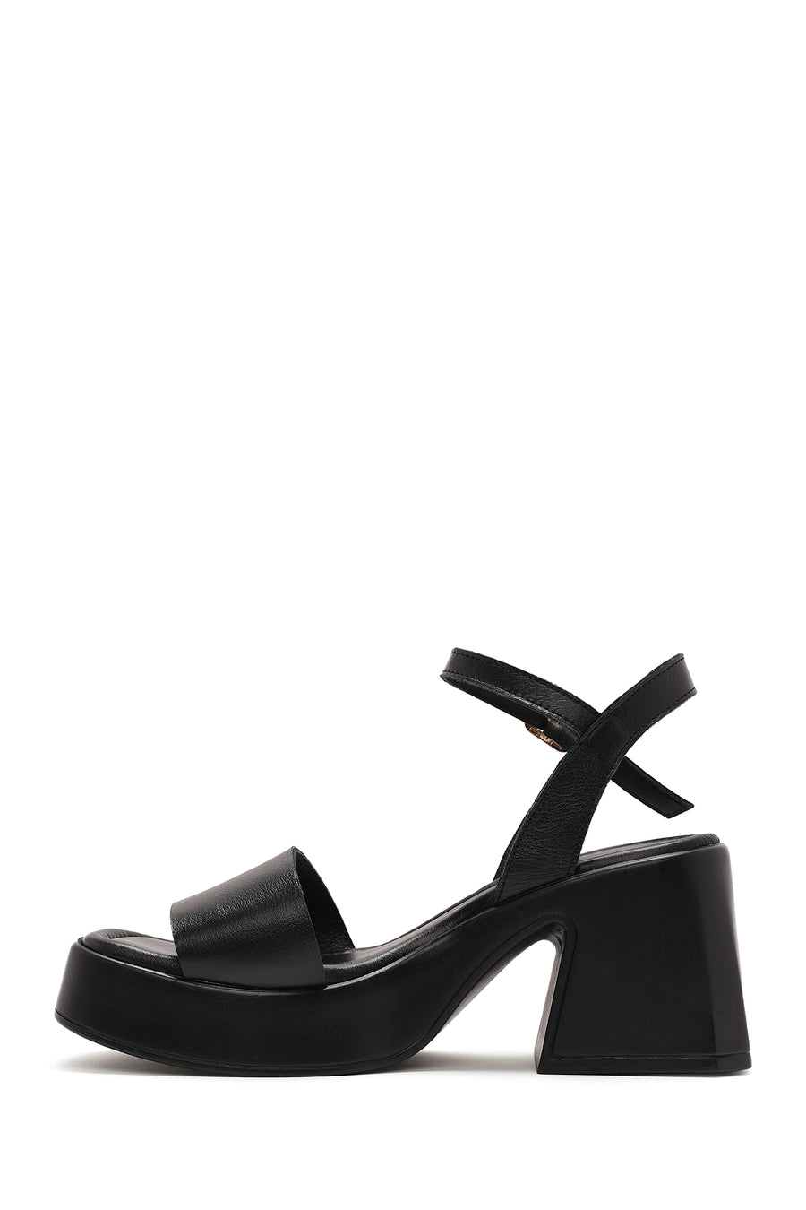 Women's Black Ankle Buckle Thick Heel Platform Leather Sandals