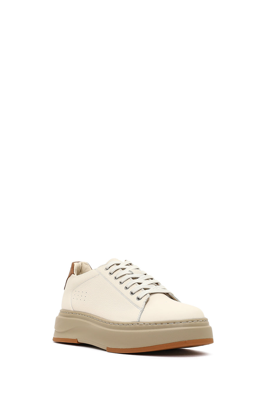 Men's White Lace-Up Thick-Soled Leather Sneaker