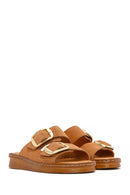 Women's Tan Buckle Suede Leather Comfort Slippers | Derimod