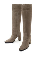 Women's Beige Suede Leather Heeled Boots | Derimod