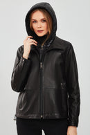 Tyler Women's Black Oversize Double Collar Hooded Leather Coat | Derimod