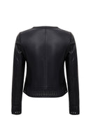 Becky Woman Black Short Leather Jacket with Woven Detail | Derimod
