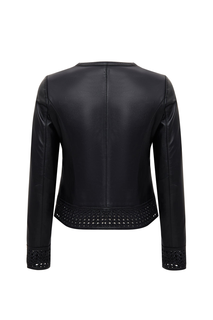 Becky Woman Black Short Leather Jacket with Woven Detail