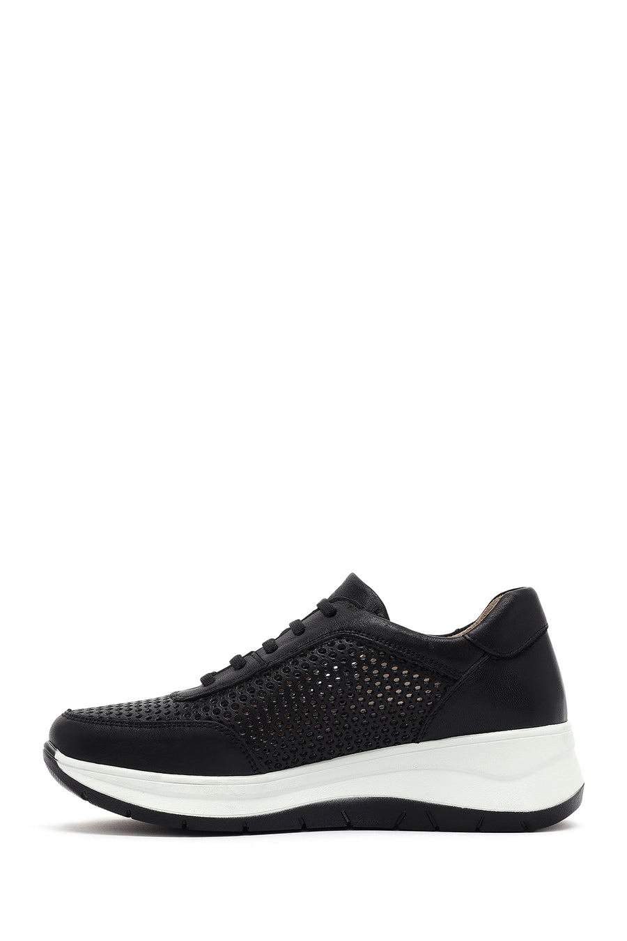 Women's Black Lace-up Thick-Sole Leather Sneaker