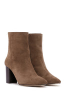 Women's Walnut Suede Leather Heeled Zipper Boots | Derimod