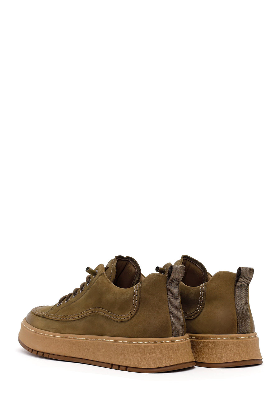 Male Khaki Lace-Up Thick-Soled Nubuck Leather Sneaker