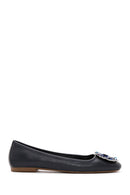 Women's Navy Blue Leather Stone Ballerinas | Derimod