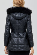 St.Moritz Women's Black Hooded Fur Puffer Leather Coat | Derimod