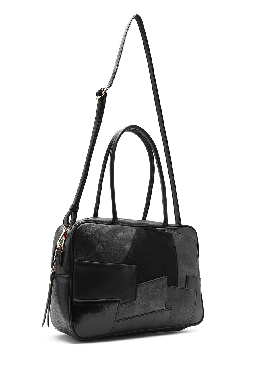 Women's Black Long Strap Patterned Shoulder Bag