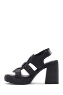 Women's Black Ankle Strap Thick Heeled Leather Sandals | Derimod