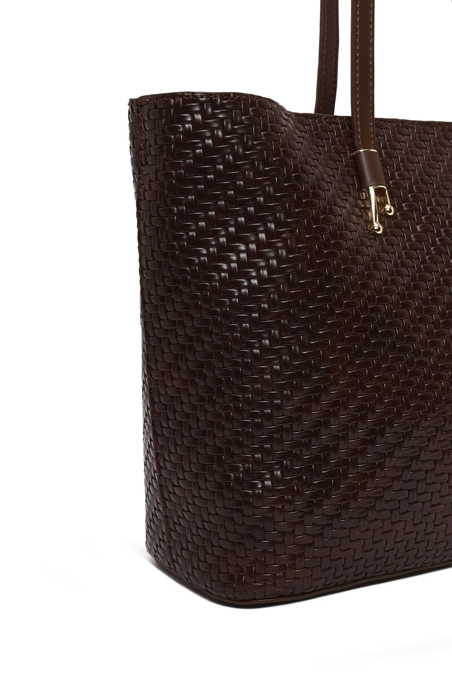Woman Brown Long-Strap Braided Shoulder Bag