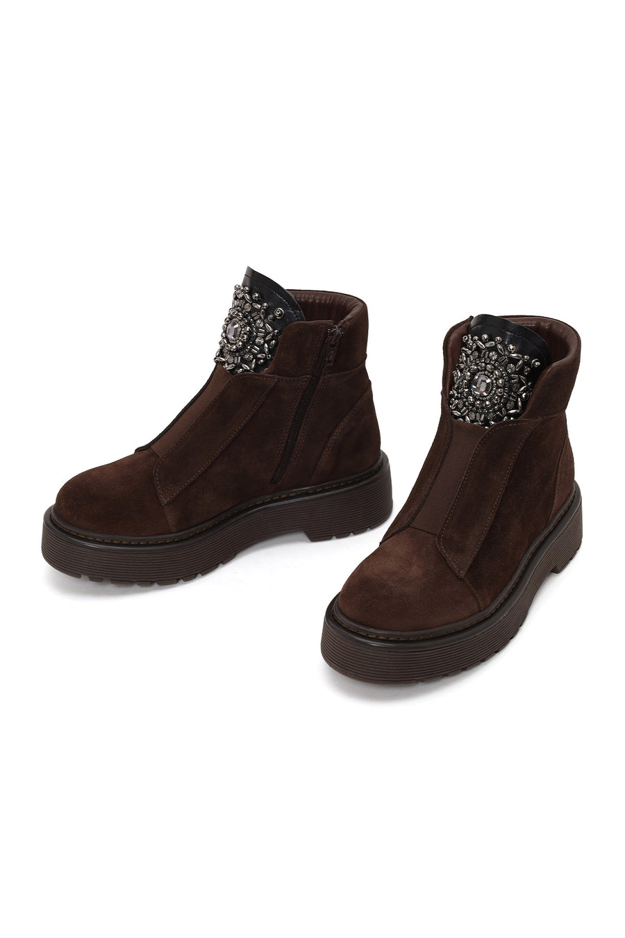 Woman Brown Zip Closure Embellished Chunky Sole Suede Boots