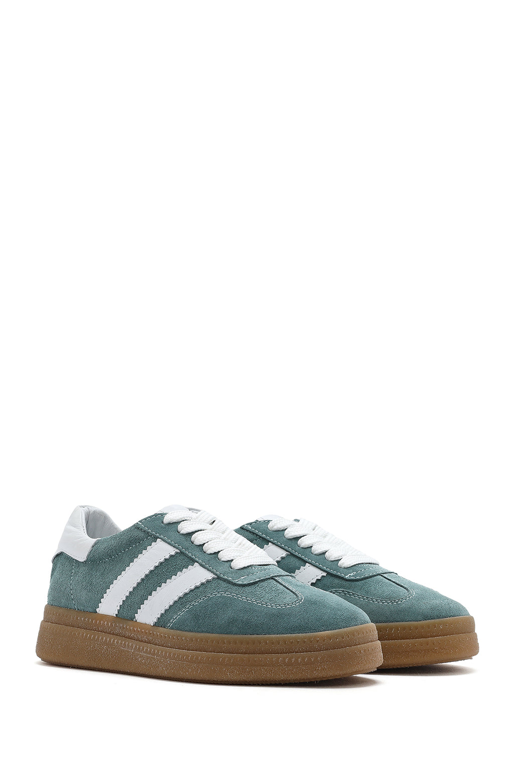 Kadın Yeşil Bağcıklı Kalın Tabanlı Süet Deri Sneaker