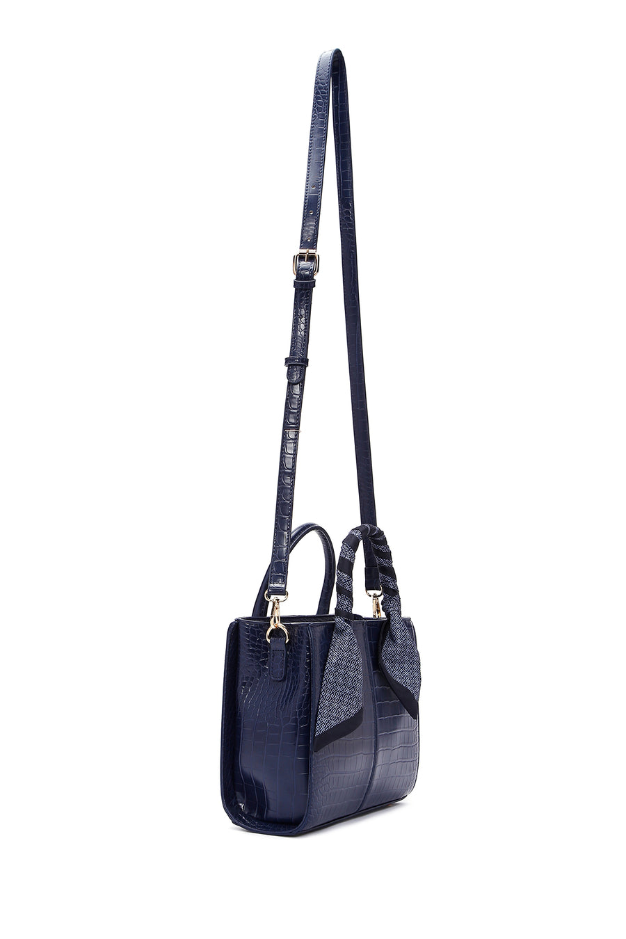Women's Navy Blue Long Strap Crocodile Patterned Handbag with Accessory Detail