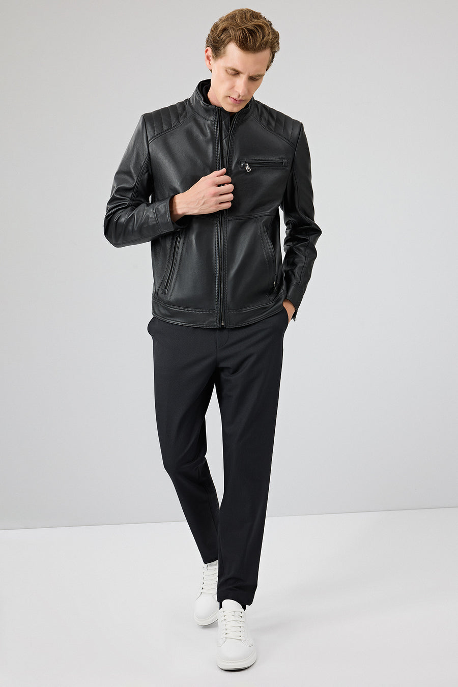 Tony Men's Black Mandarin Collar Short Leather Jacket