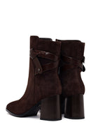 Woman Brown Zip Closure Chunky Heeled Suede Boots | Derimod