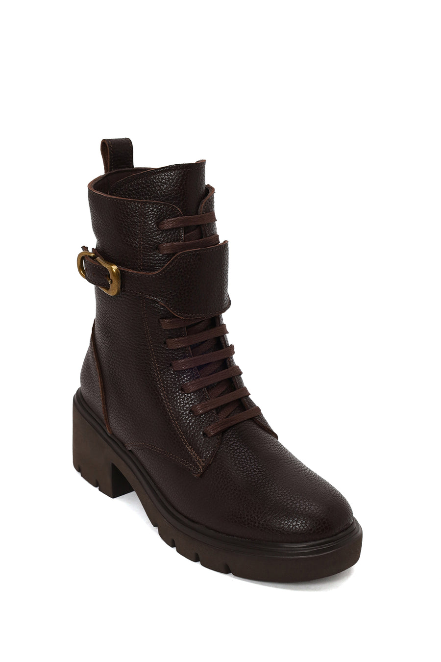 Woman Brown Zip Closure Thick-Heeled Leather Combat Boots