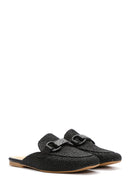 Women's Black Straw Leather Slippers | Derimod