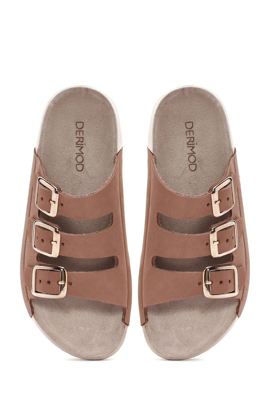 Women's Beige Buckled Nubuck Leather Comfort Slippers
