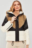 Monterosa Women's Multicolor Hooded Plush Puffer Leather Coat | Derimod