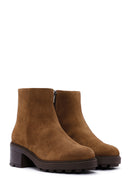 Women's Brown Zippered Thick Heel Suede Leather Boots | Derimod