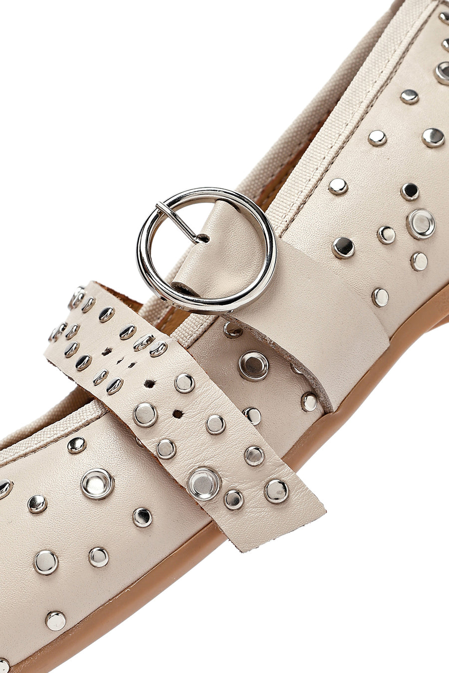 Women's Beige Buckled Stoned Leather Ballerinas