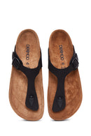 Women's Black Leather Flip Flops | Derimod