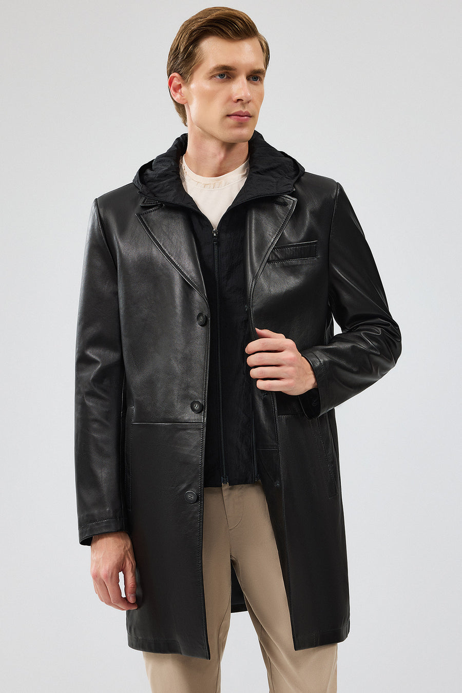 Dias Men's Black Long Hooded Leather Trench Coat