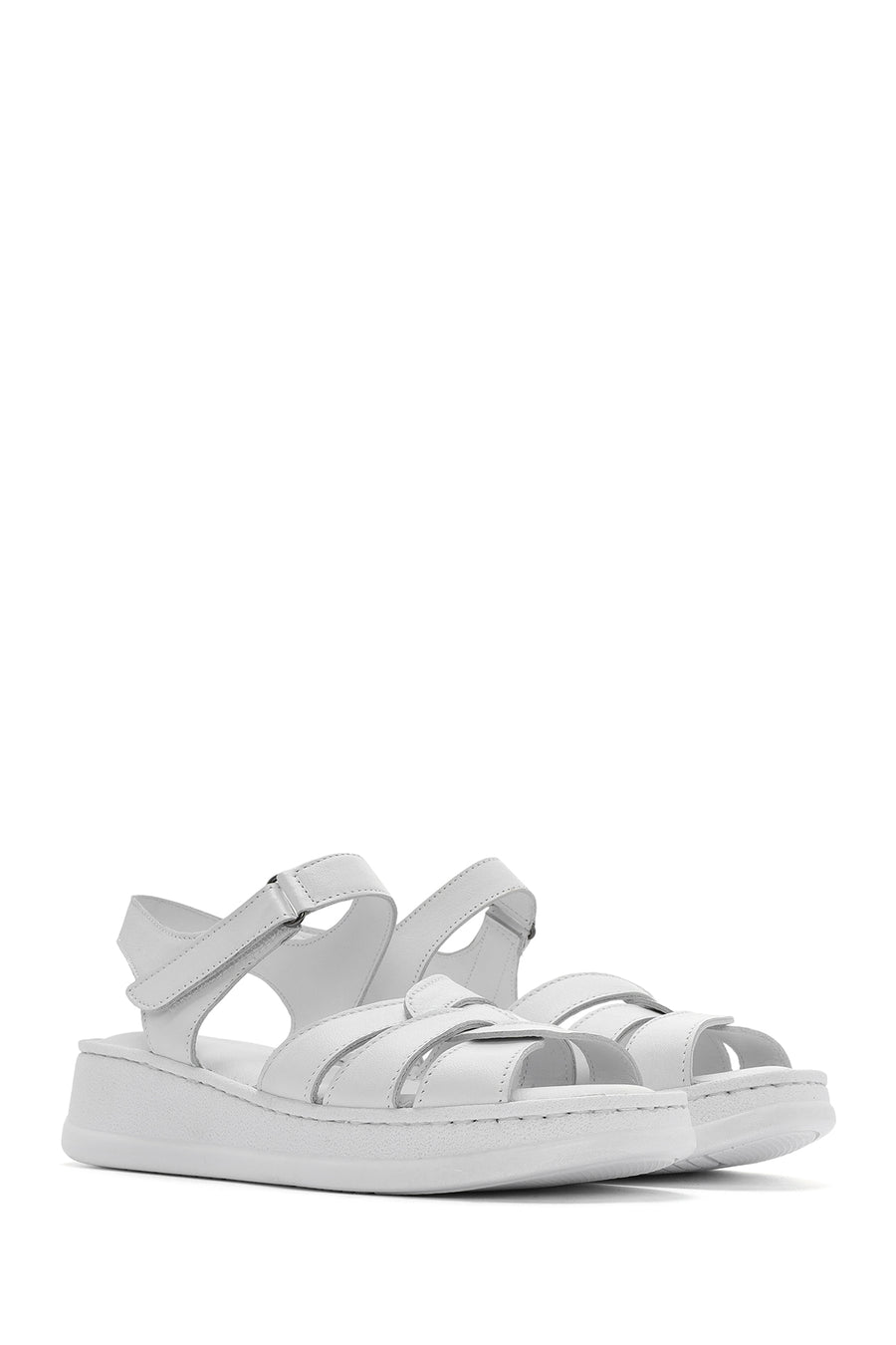 Women's White Ankle Strap Thick Soled Leather Comfort Sandals