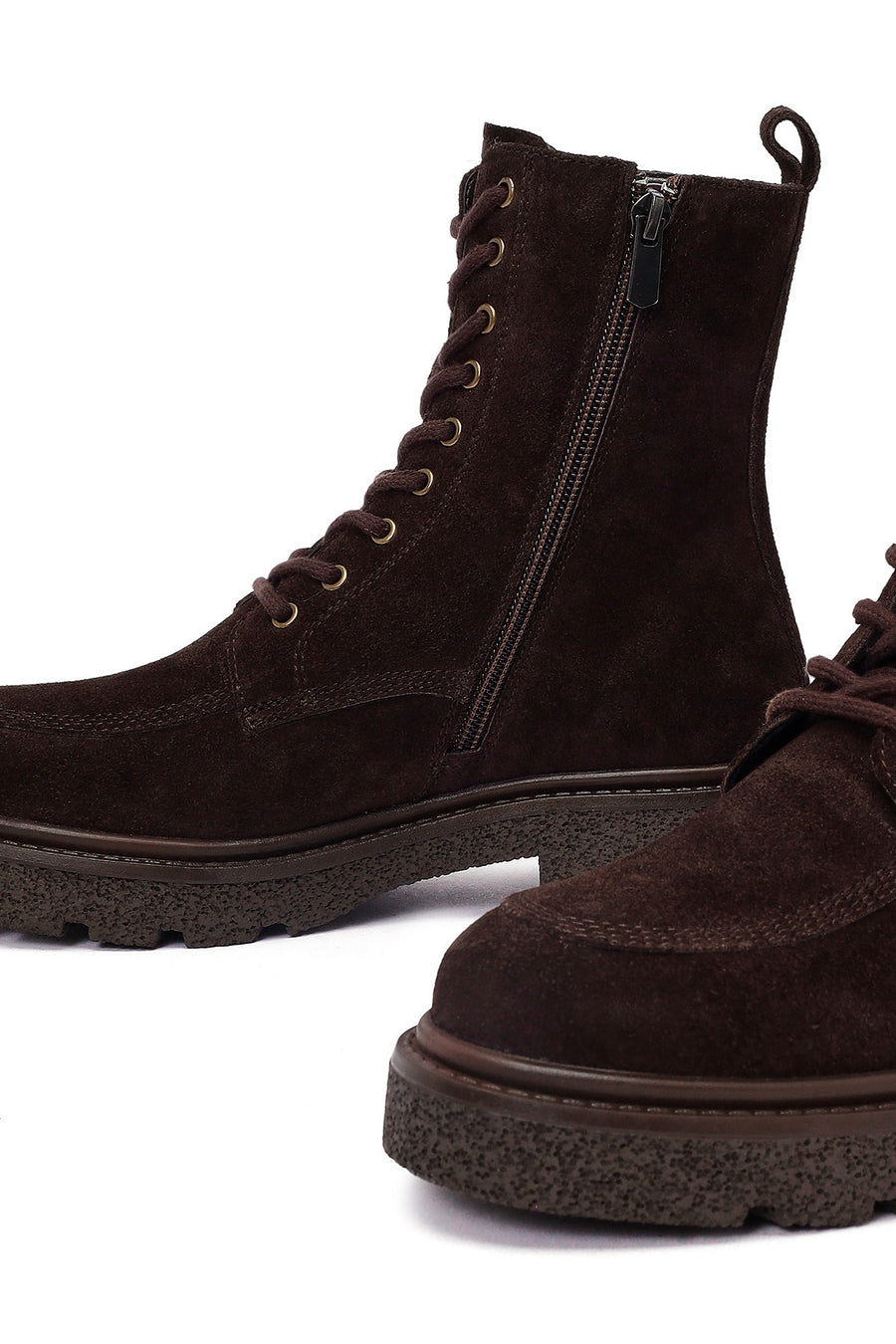 Woman Brown Zip Closure Thick-Soled Suede Combat Boots