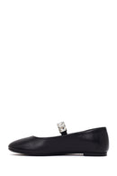 Woman Black Embellished Leather Ballerine Shoes | Derimod